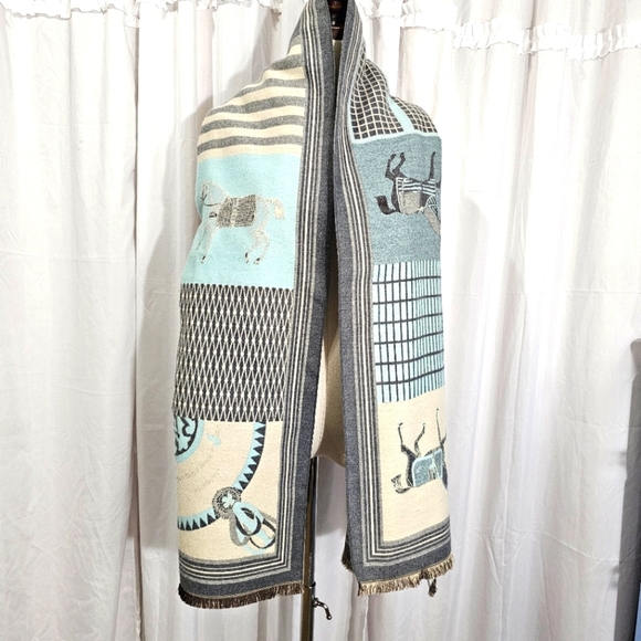 Blue Green Teal Equestrian Horse Soft Thick Shawl Scarf  Wrap - Picture 2 of 10